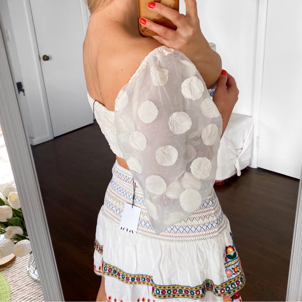 π ZARA BOHO IVORY POLKA DOT SHEER PUFF SLEEVE CROP TOP! - Picture 3 of 16